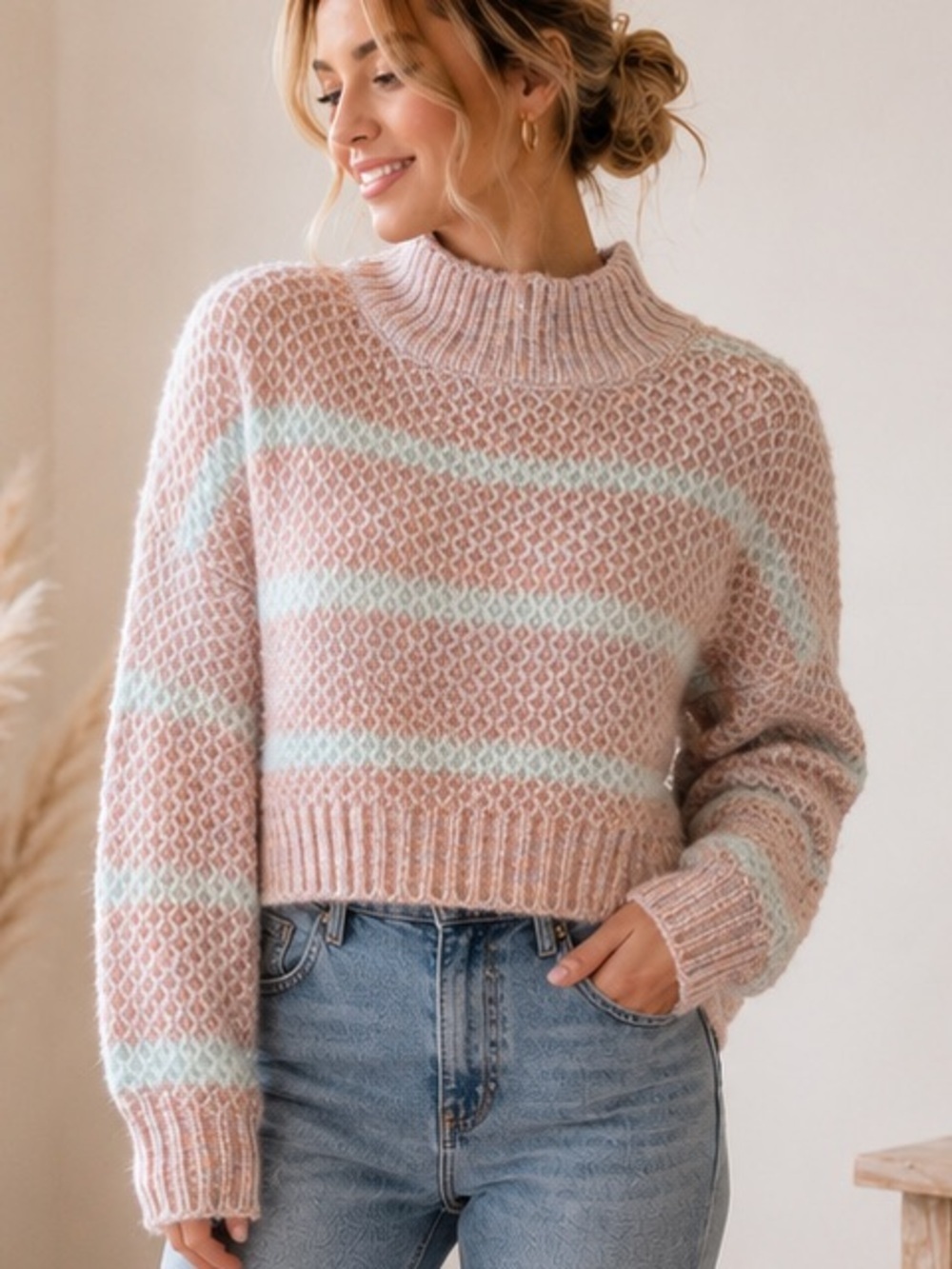 Lum’iere Pastel Striped Oversized Mock Neck Sweater Size Small